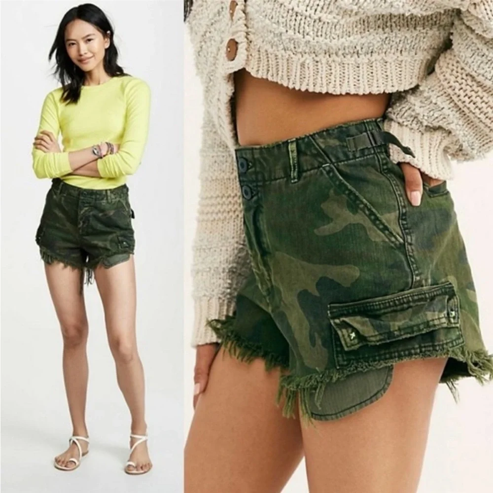 ✨HP✨WE THE FREE / FREE PEOPLE Women's Commander Cutoff Camo Shorts Green…